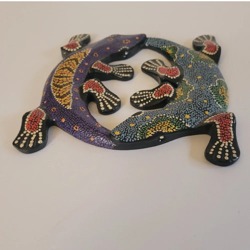 Hand Painted Carved Gecko Wall Art Decor Tribal
